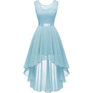 BeryLove Women Light Blue Chiffon Scoop Neck Sleeveless Lace Cocktail Dress